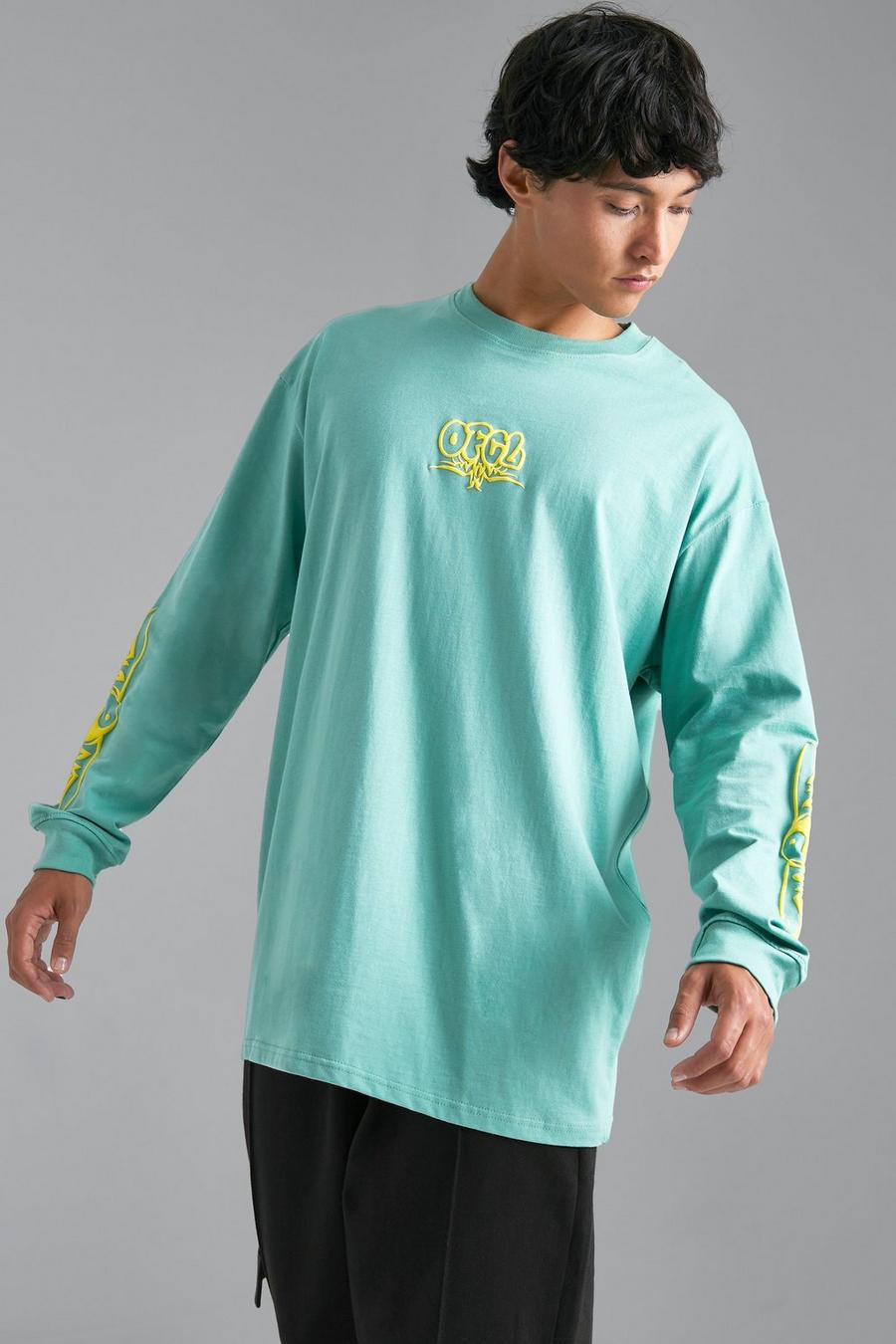 Camiseta oversize de manga larga con estampado gráfico Ofcl, Teal verde