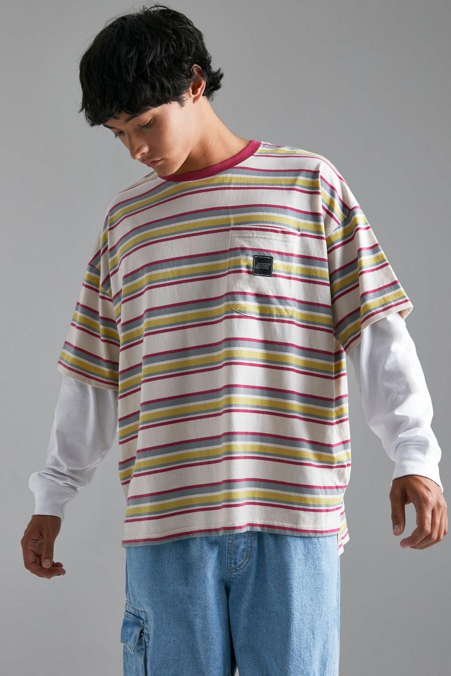 Light pink Oversized Ofcl Faux Layer Stripe T-shirt image number 1