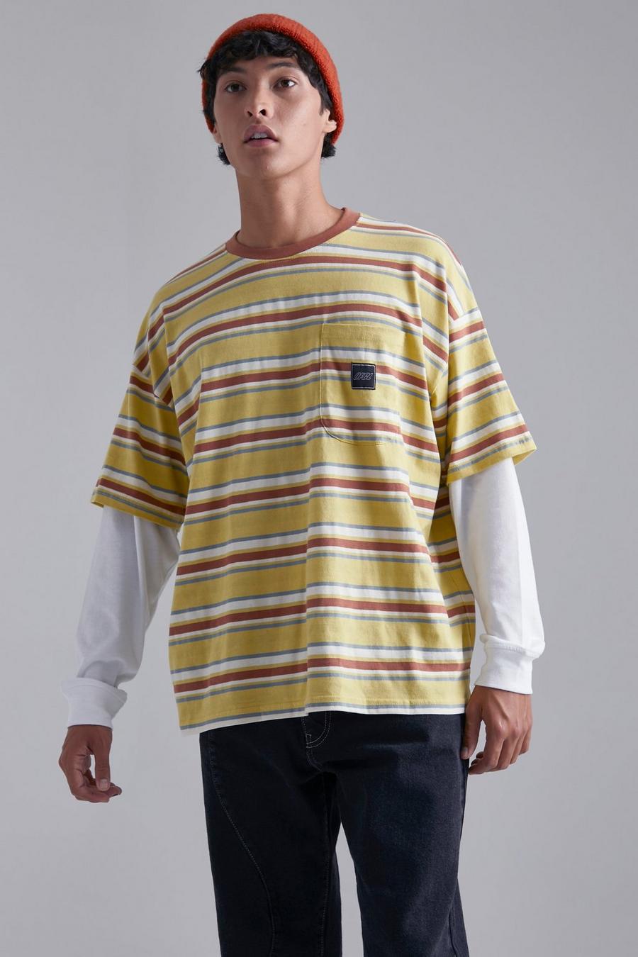 Yellow Oversized Gestreept Official T-Shirt Met Neplaag image number 1