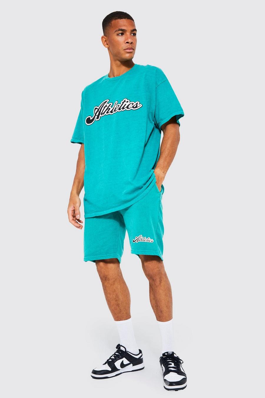 Conjunto de pantalón corto y camiseta oversize con estampado Athletics, Green verde