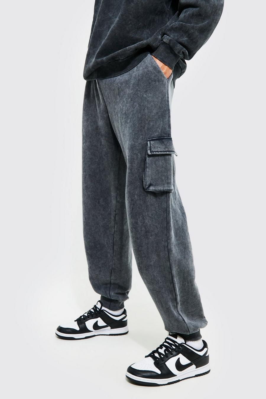 Charcoal grå Tall Oversized Acid Wash Cargo Jogger image number 1