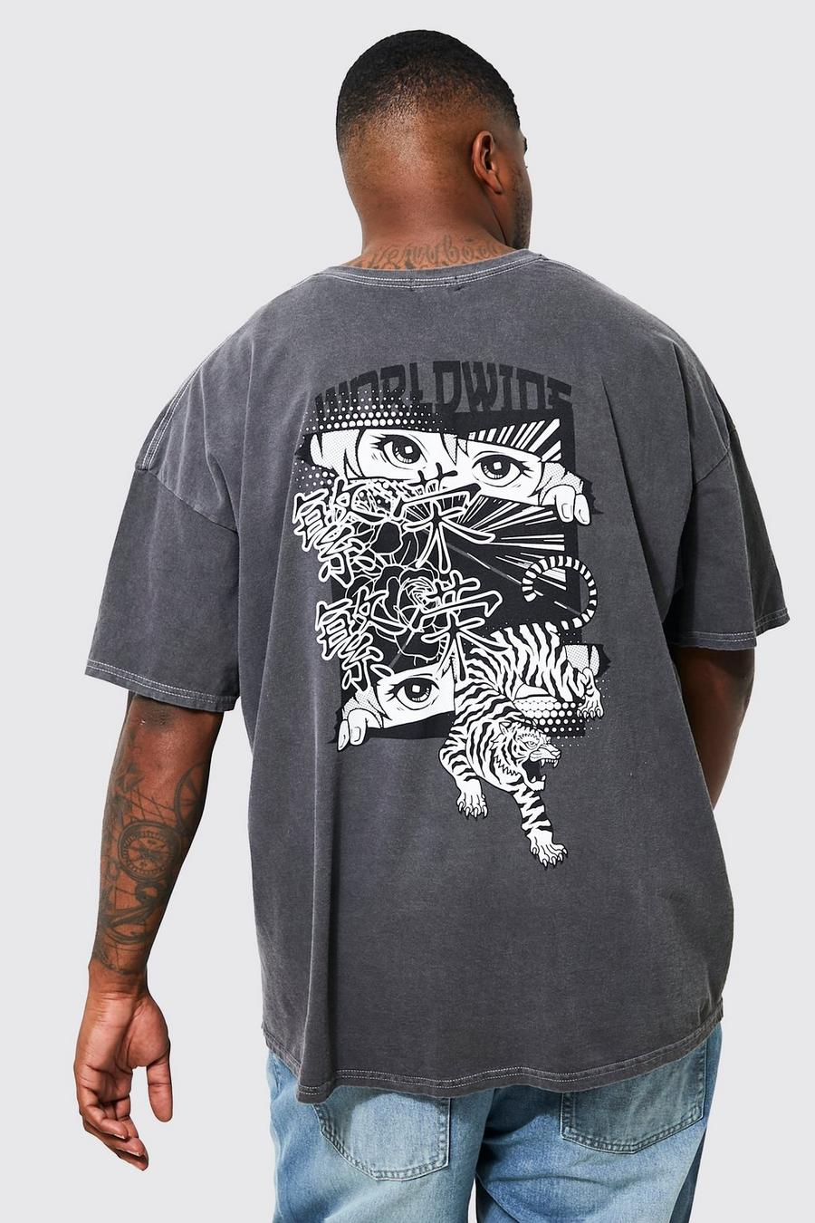 Grande taille - T-shirt surteint à imprimé anime au dos, Charcoal gris image number 1