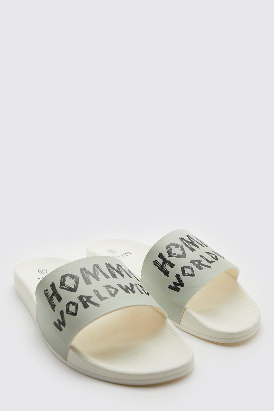 Worldwide Slides mit Homme Print, Chalk weiß