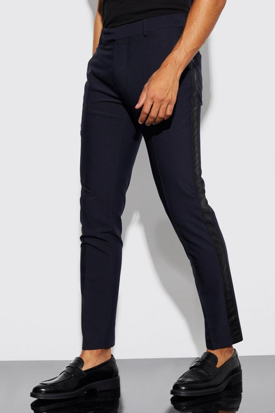 Navy marinblå Skinny Fit Pu Side Panel Suit Trousers