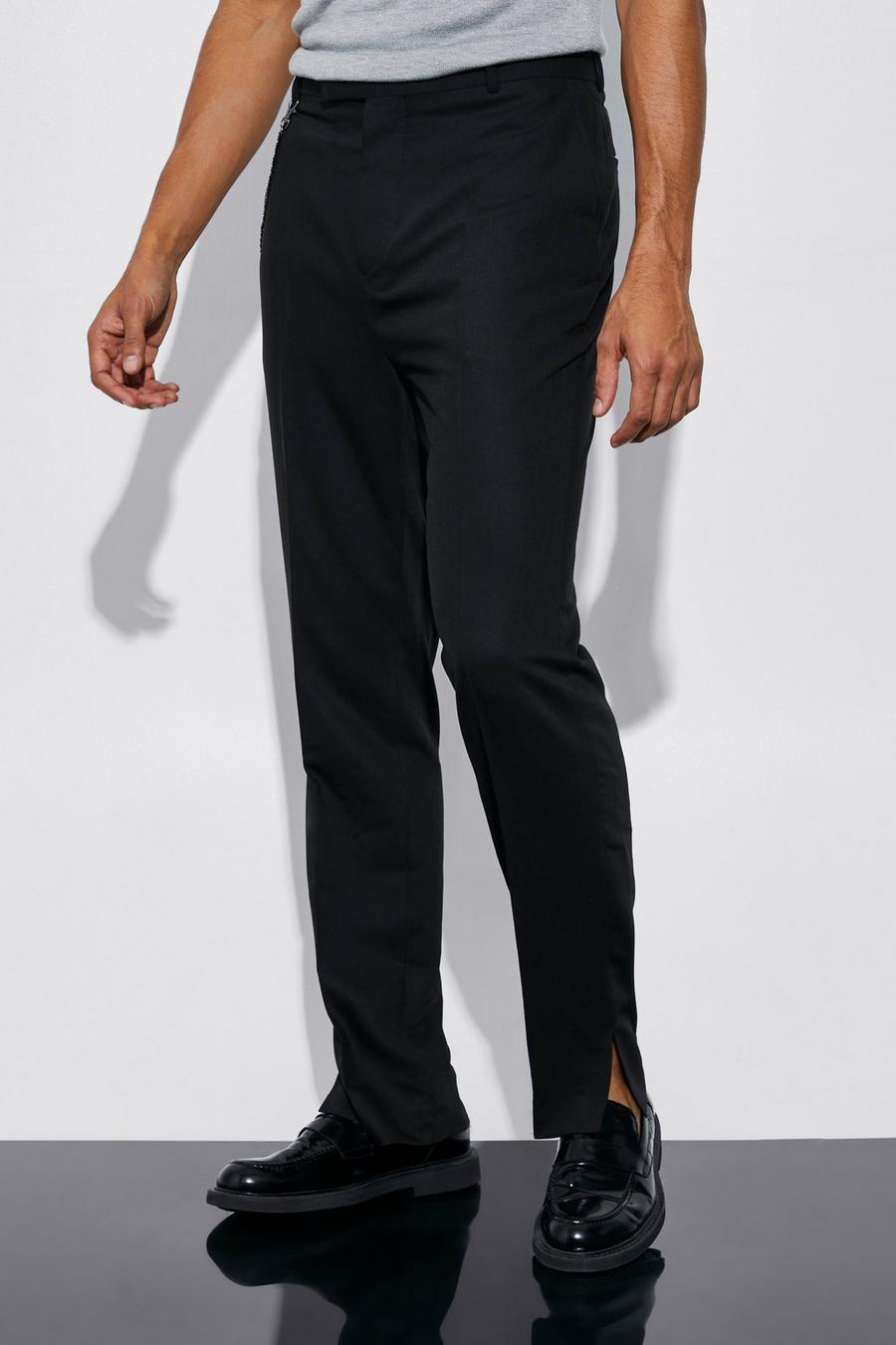 Black Straight Leg Split Hem Chain Suit Trousers image number 1