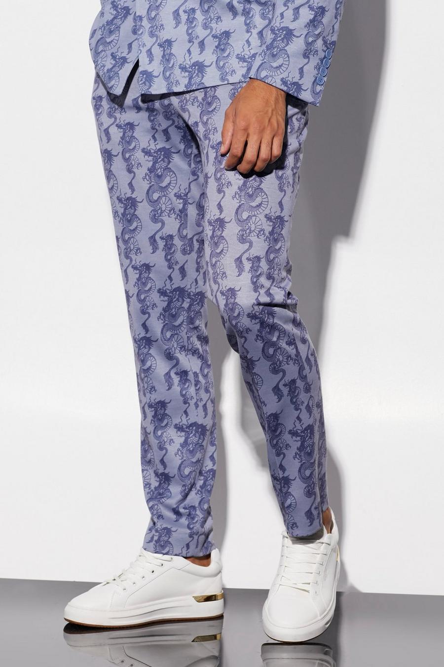 Ice blue Slim Fit Dragon Printed Suit Trousers image number 1