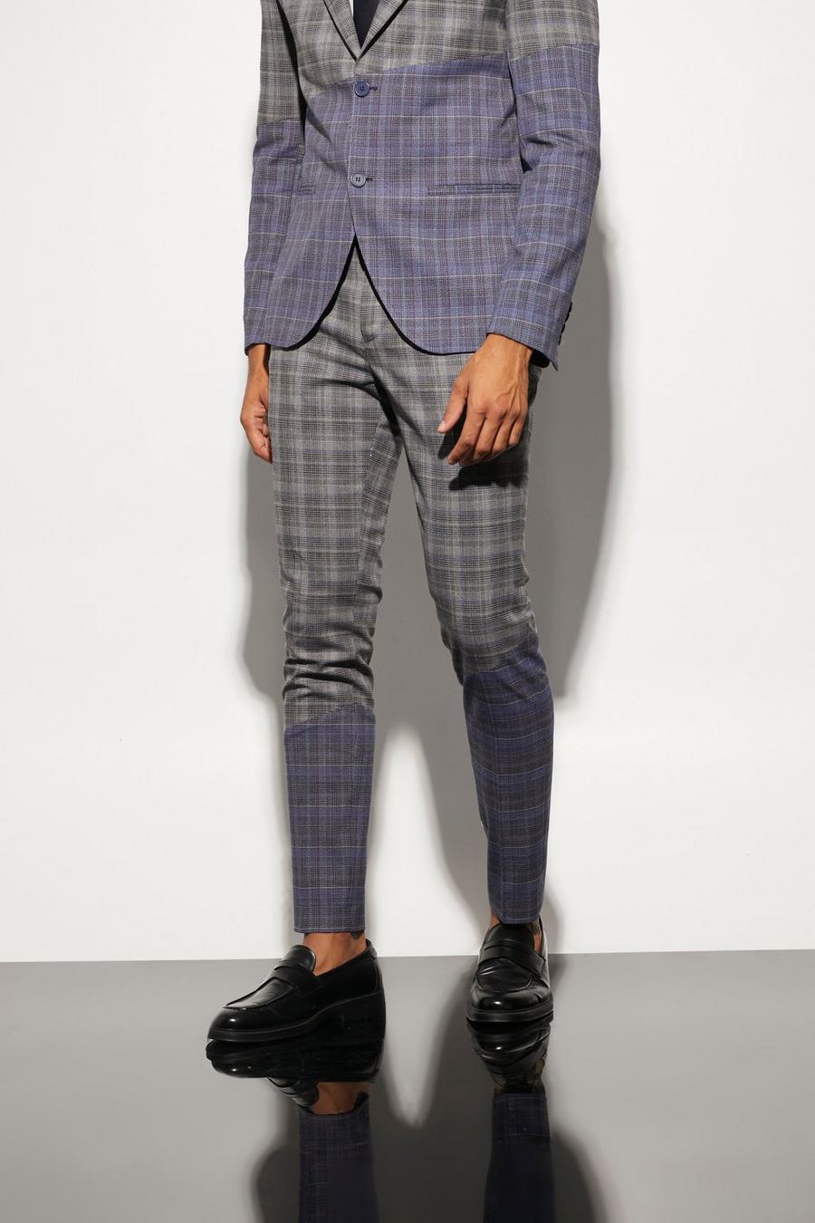 Grey Skinny Diagonal Spliced Check Suit Trousers