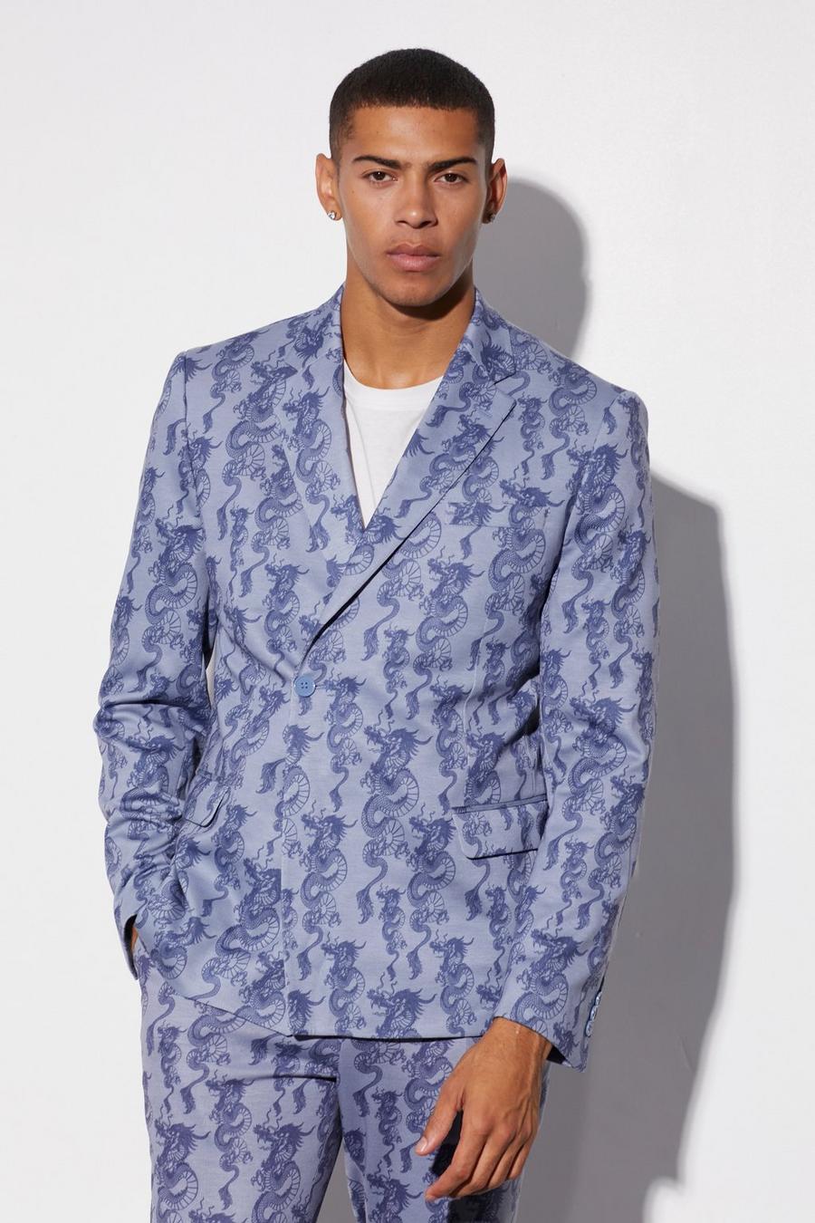 Ice blue Slim Fit Wrap Dragon Printed Suit Jacket