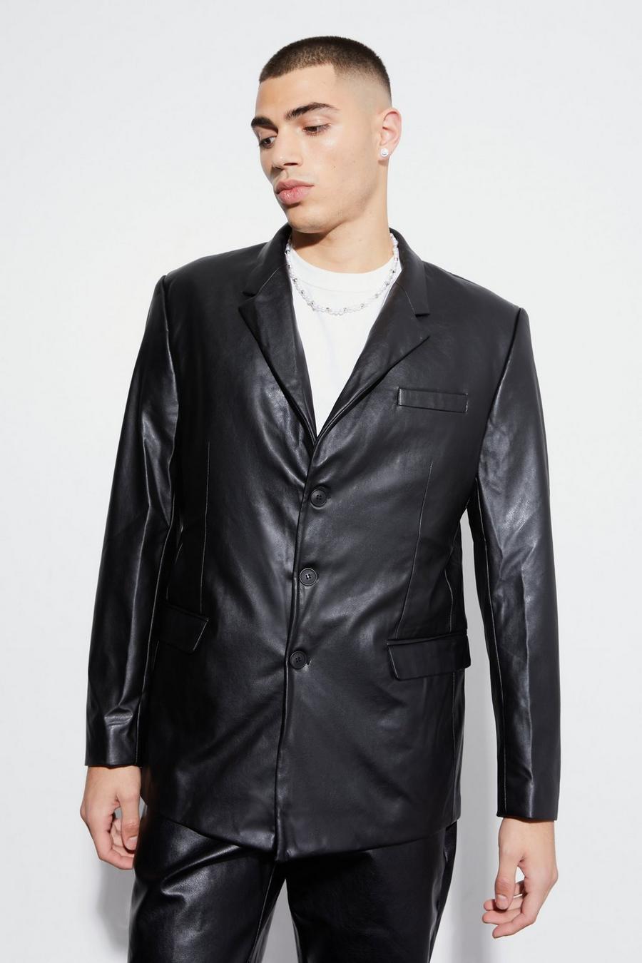Black Relaxed Fit Pu Suit Jacket image number 1
