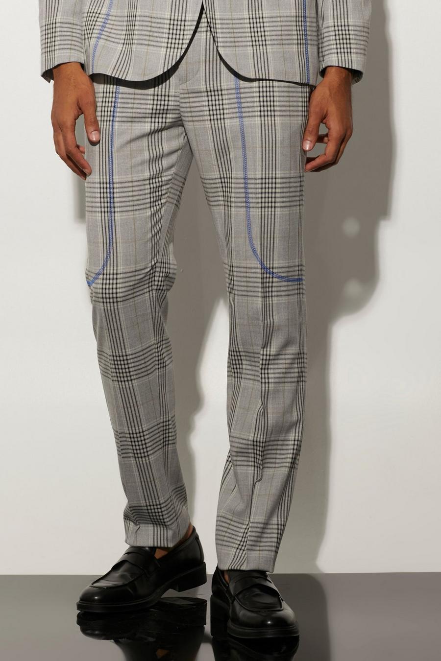 Grey Straight Leg Check Contrast Stitch Trousers image number 1