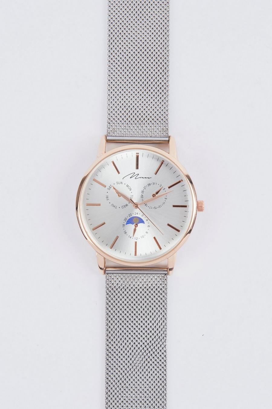 Reloj estilo cronógrafo con correa de malla y firma MAN, Silver image number 1