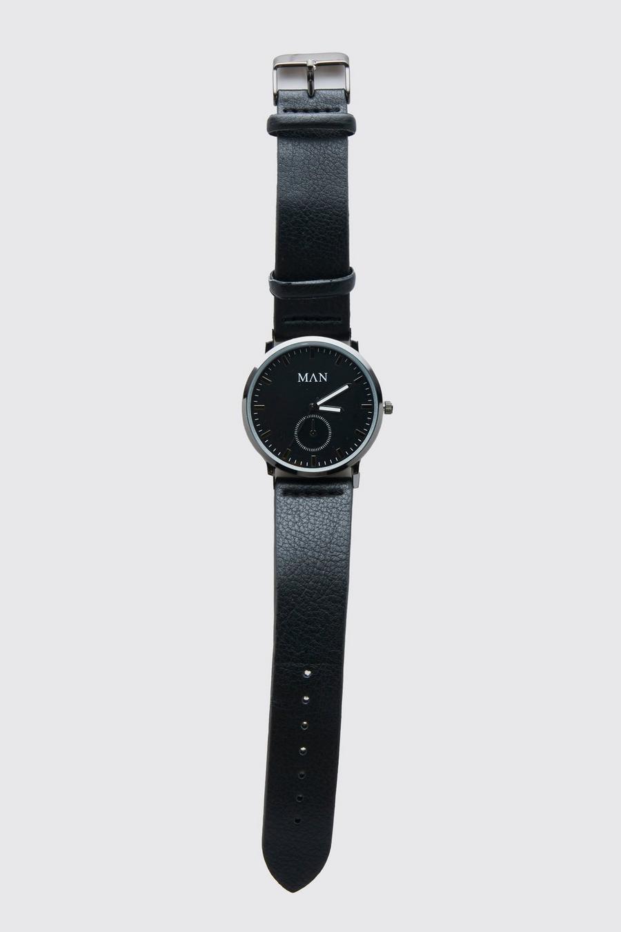 Reloj clásico con letras MAN romanas y correa de cuero sintético, Black image number 1