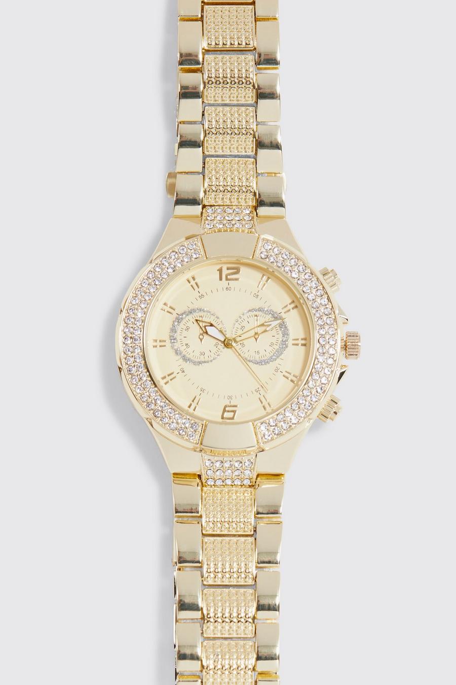 Gold metallic Man Iced Classic Watch With Gift Box