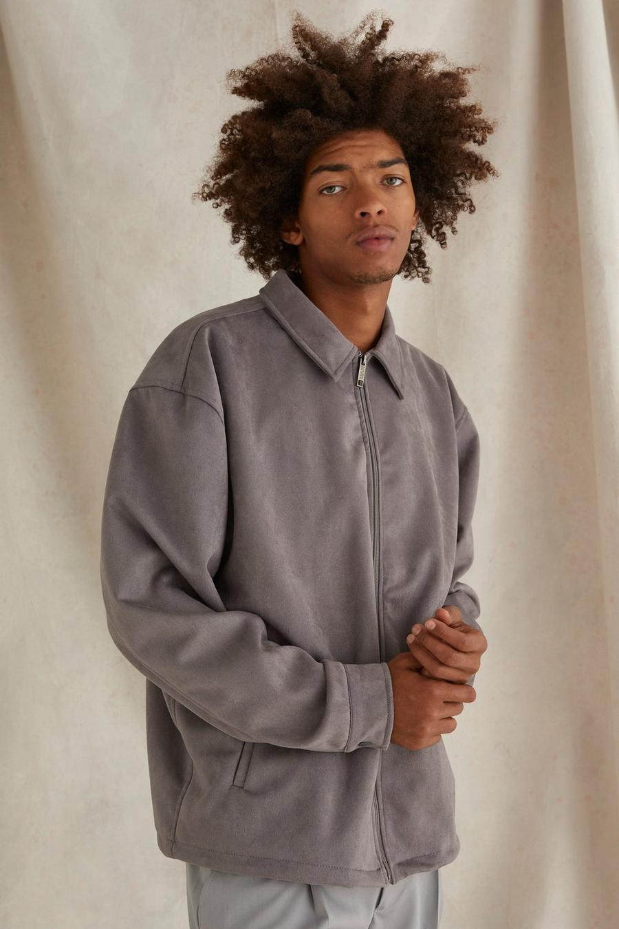 Grey Oversized Suedette Collared Bomber image number 1