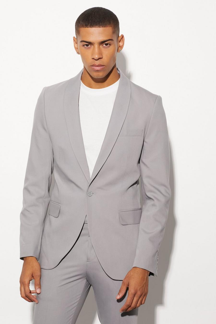 Grey gris Skinny Shawl Lapel Suit Jacket