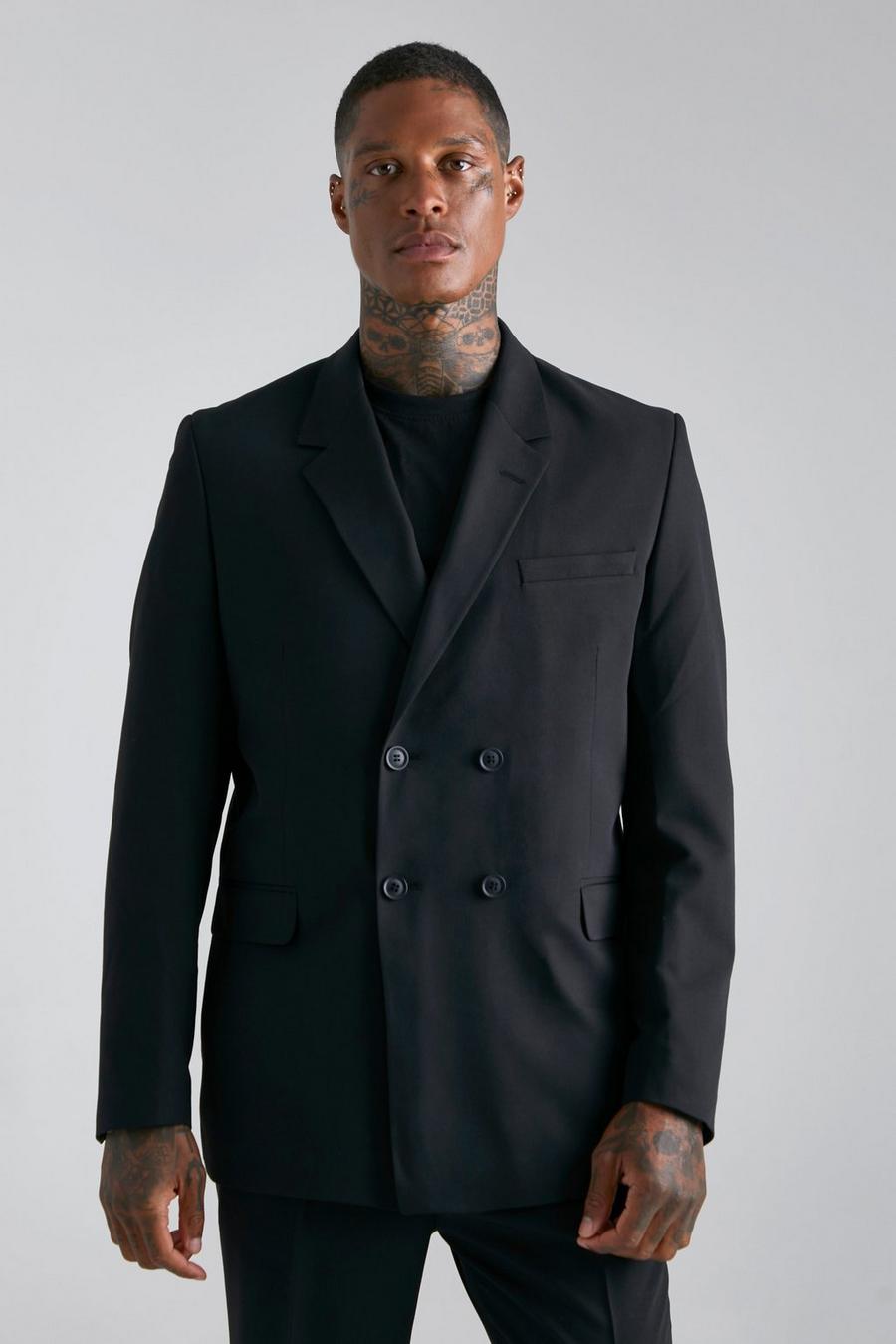 Black Relaxed Fit Double Breasted Suit Jacket image number 1
