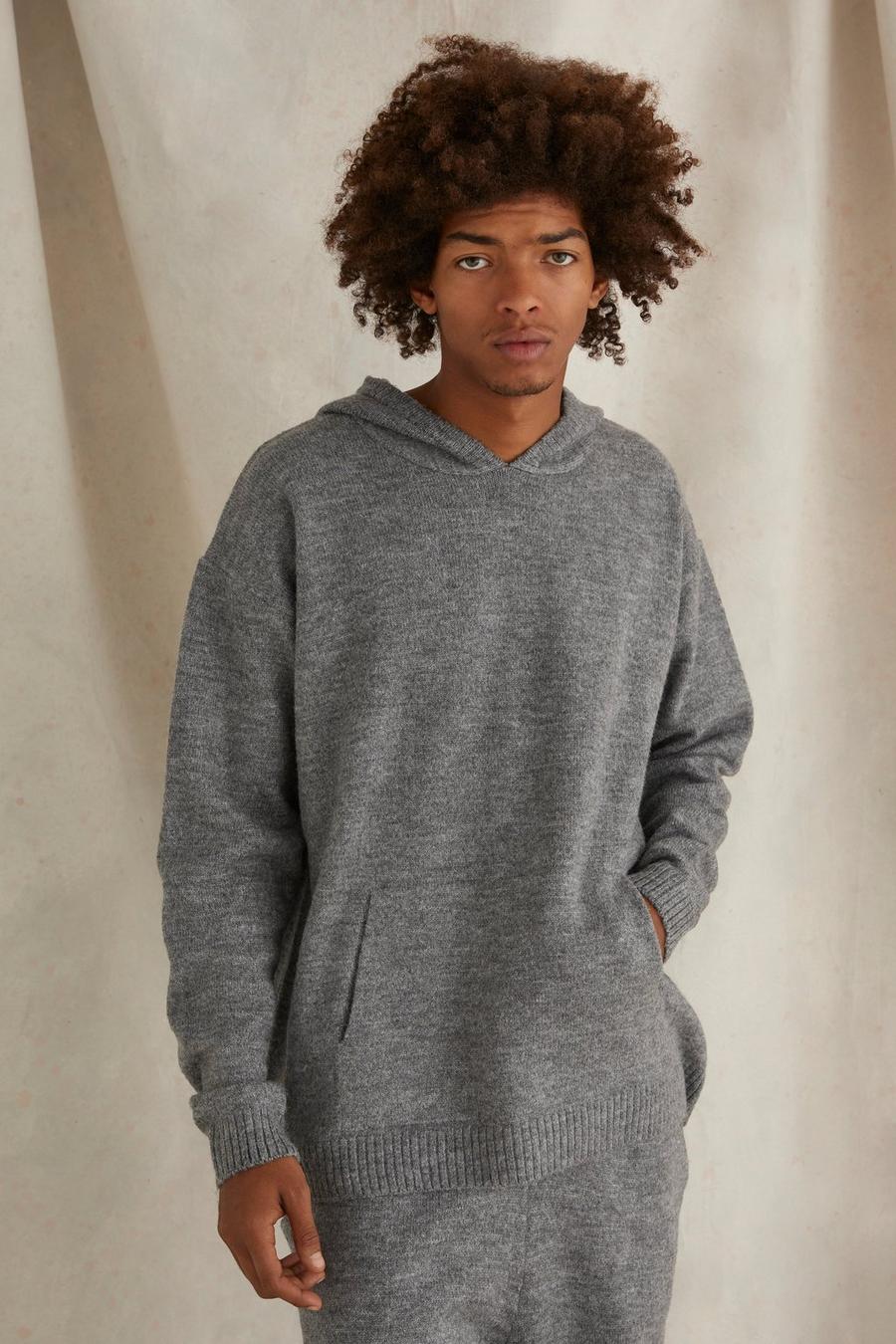 Grey Oversized Brushed Knitted Hoodie Alexander image number 1
