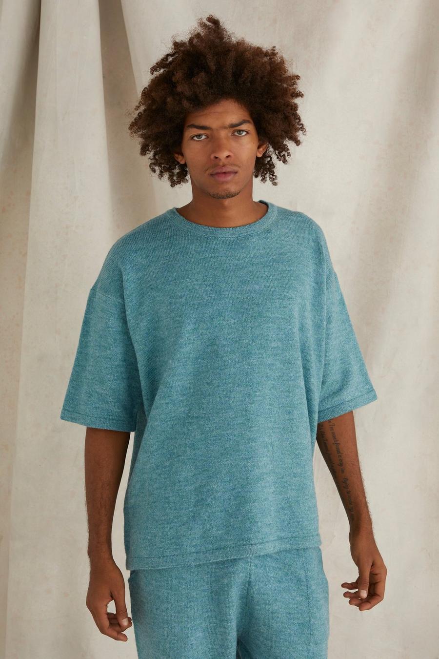 Blue Oversized Brushed Knitted T-shirt image number 1