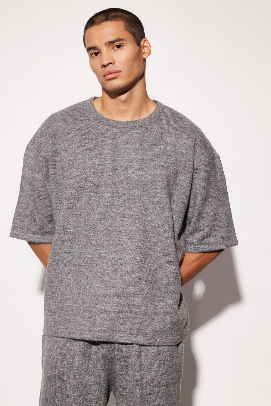 Grey Oversized Brushed Knitted T-shirt image number 1