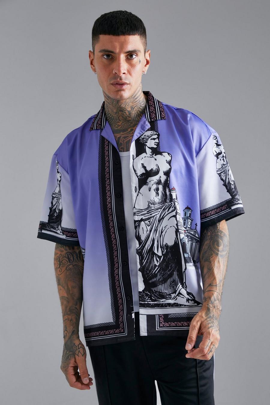 Camicia oversize in raso con grafica di statua, bordi e rever, Purple morado