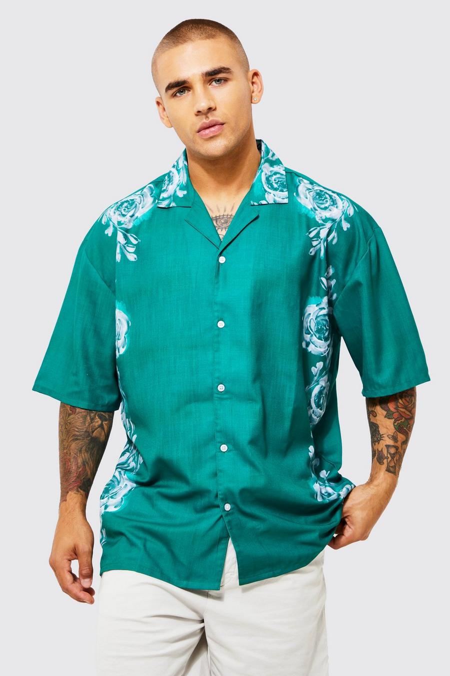 Dark green Oversized Boxy Floral Placement Print Shirt image number 1