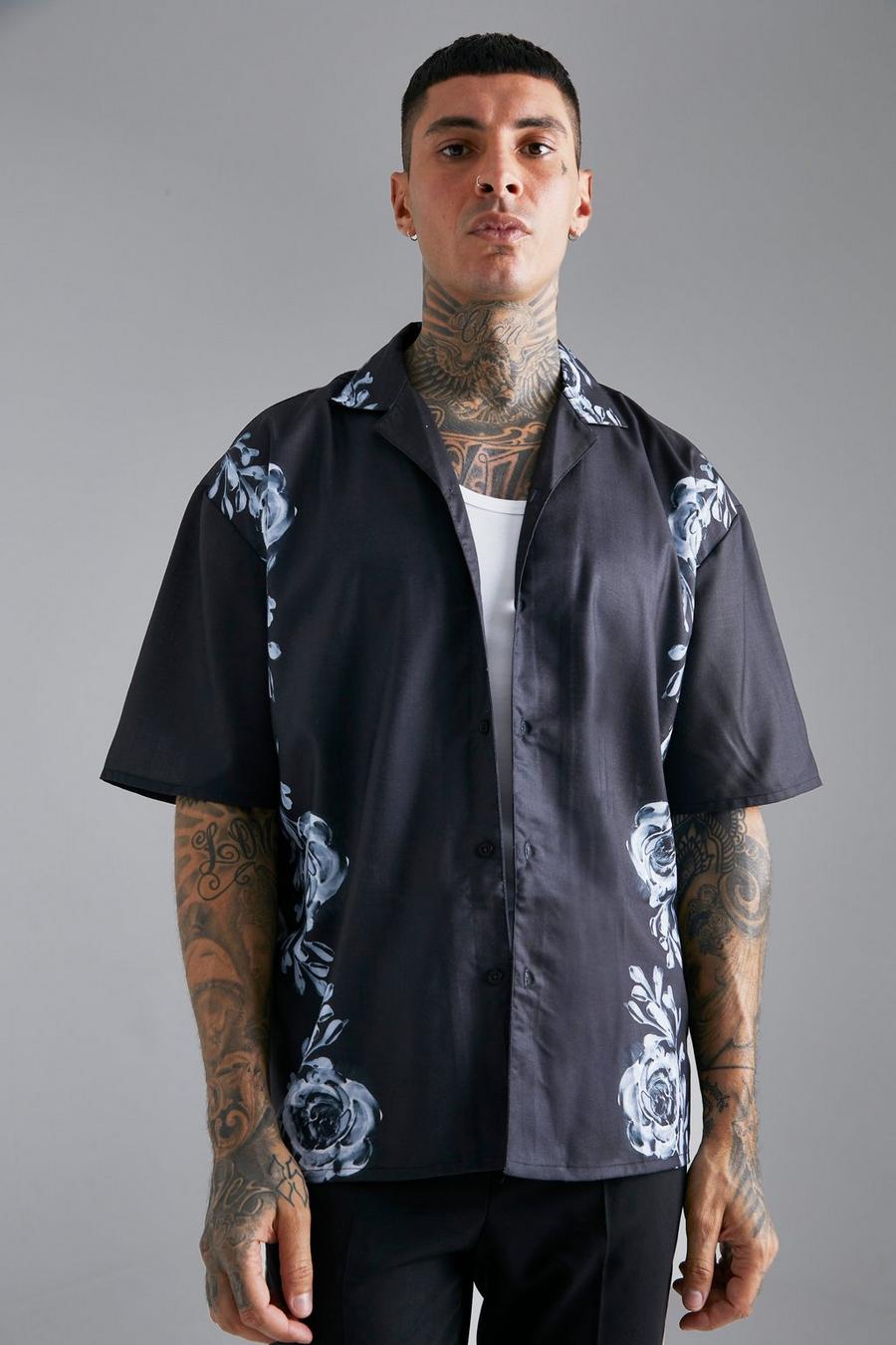 Camicia squadrata oversize con stampa a fiori su colletto e spalle, Black negro