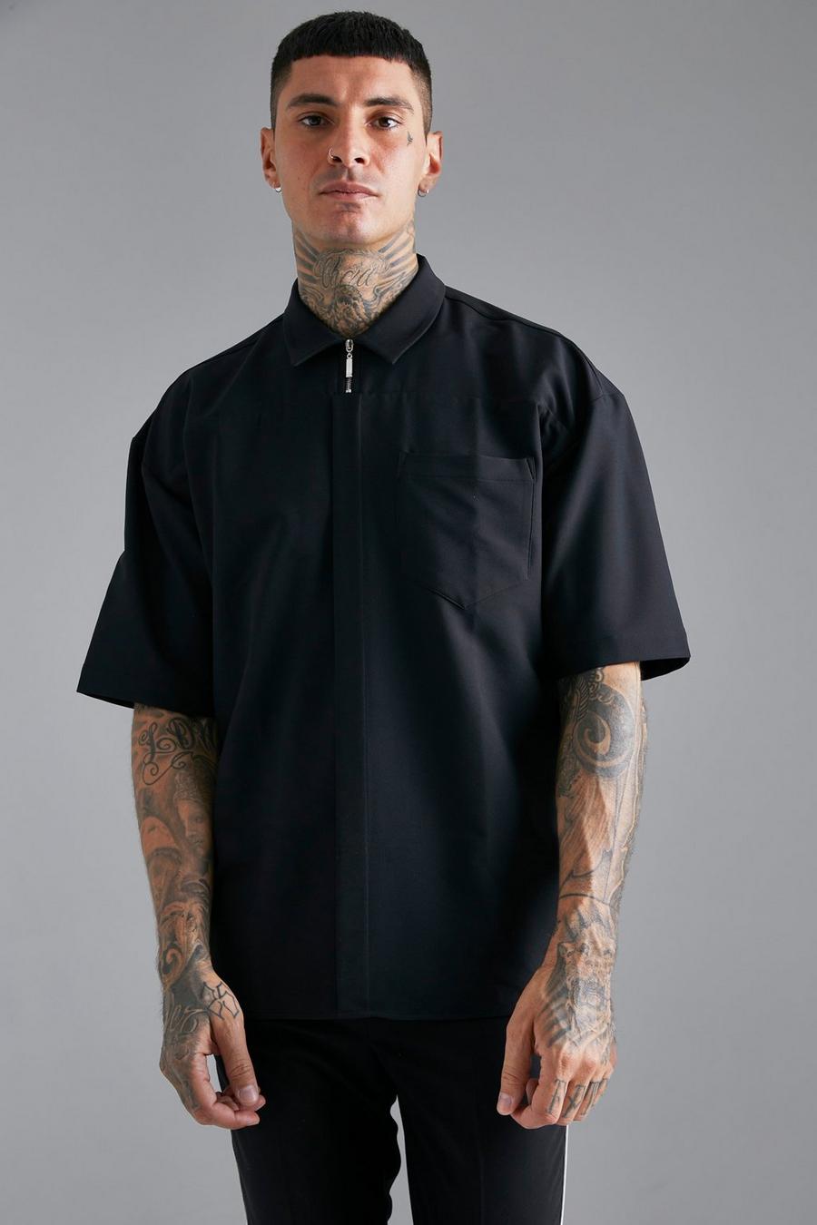 Black Oversized Boxy Nylon Overhemd Met Rits image number 1
