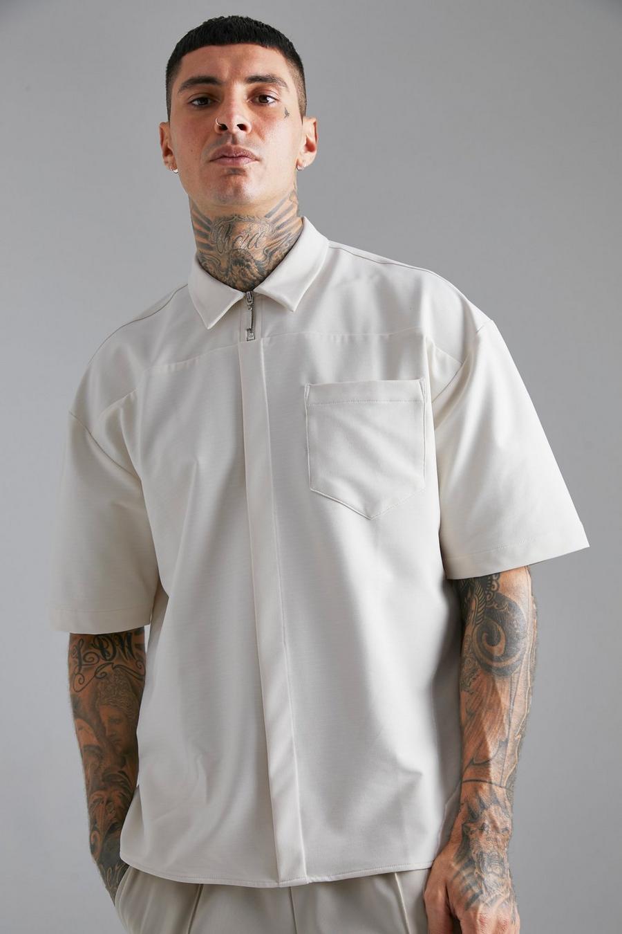 Ecru blanco Oversized Boxy Nylon Zip Shirt image number 1