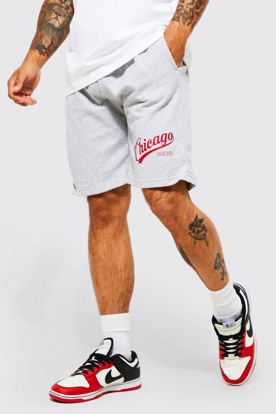 Grey marl Slim Fit Chicago Varsity Jersey Shorts image number 1