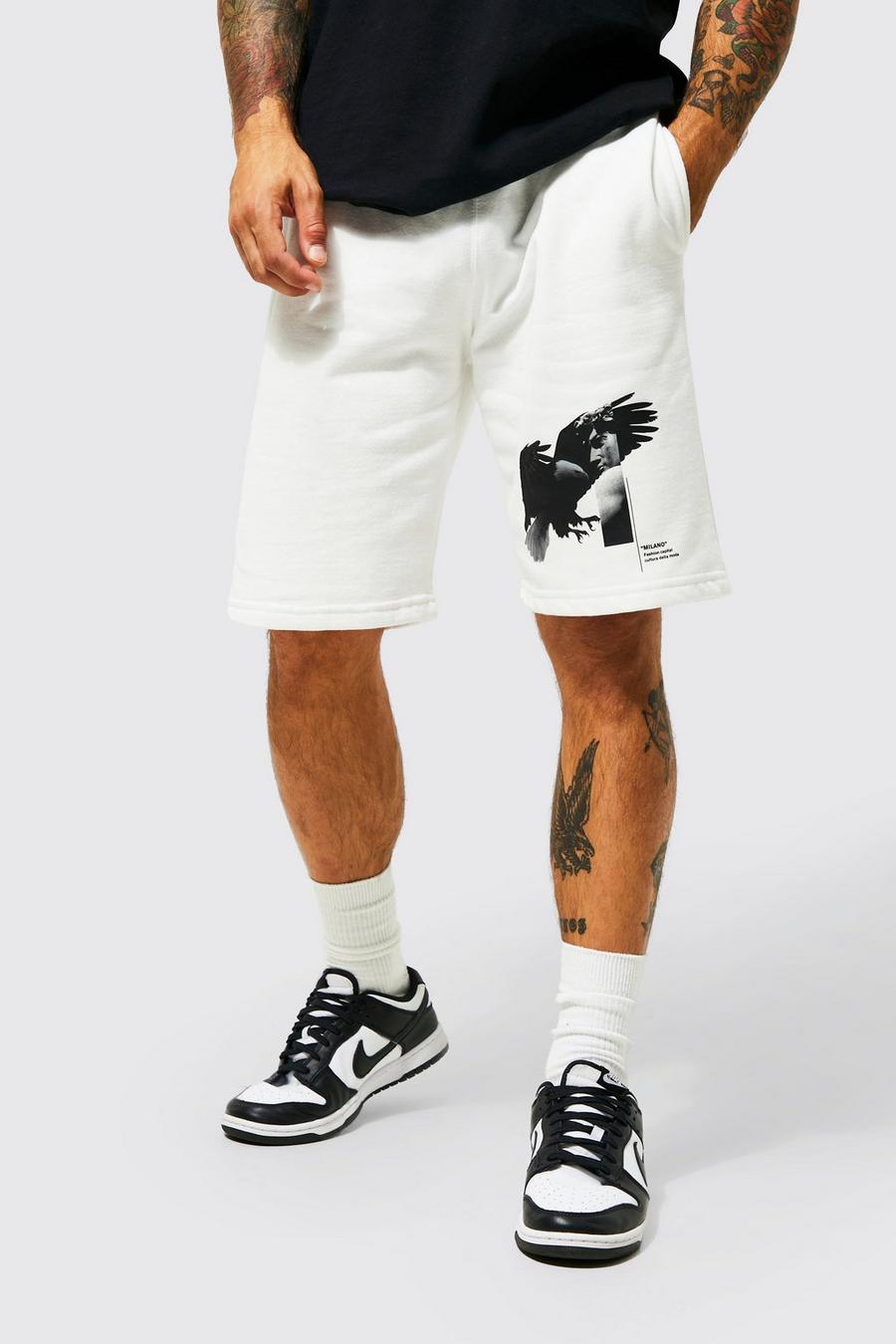 White Loose Fit Eagle Graphic Jersey Shorts image number 1