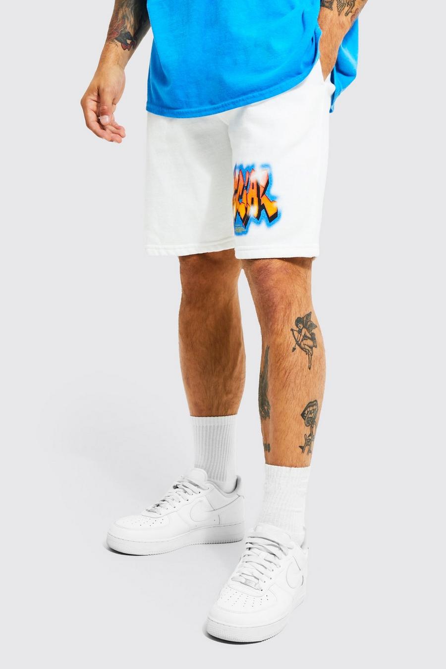 Pantalón corto holgado de tela jersey con estampado gráfico de grafiti, White bianco