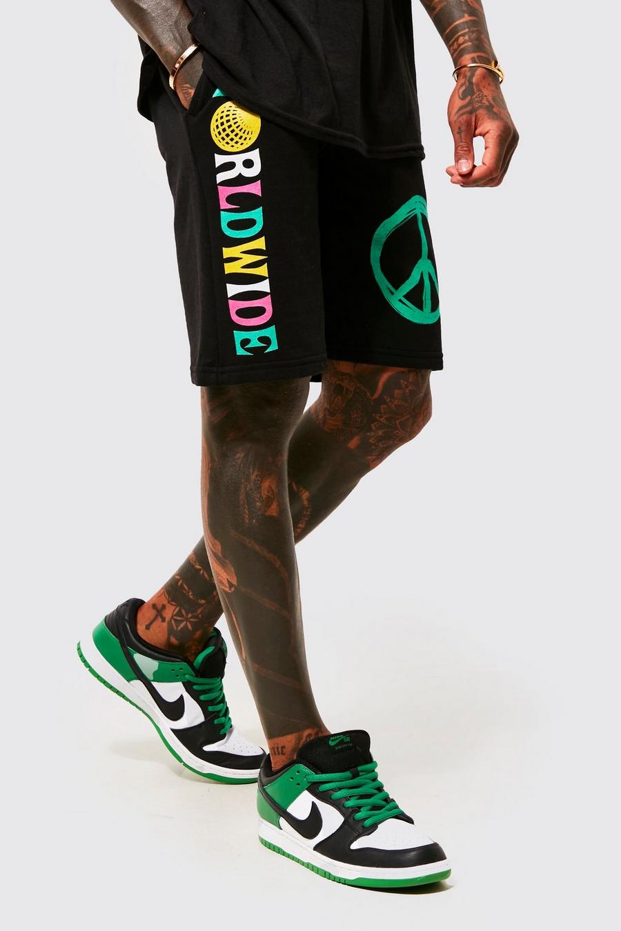 Black Slim Fit Peace Graphic Jersey Shorts image number 1