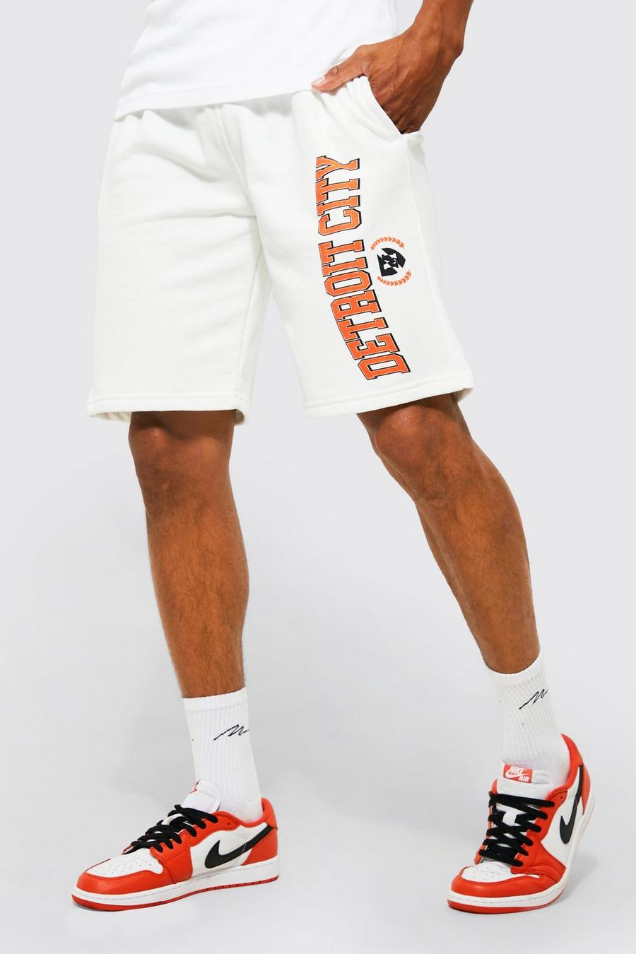 White Slim Fit Detroit Text Graphic Jersey Shorts image number 1