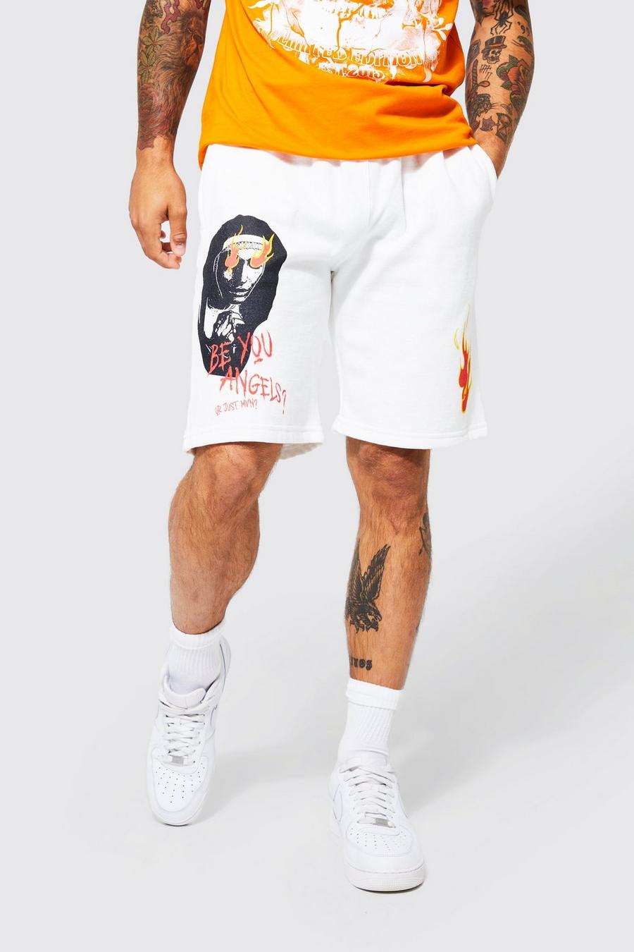 White Loose Fit Nun Graphic Jersey Shorts image number 1