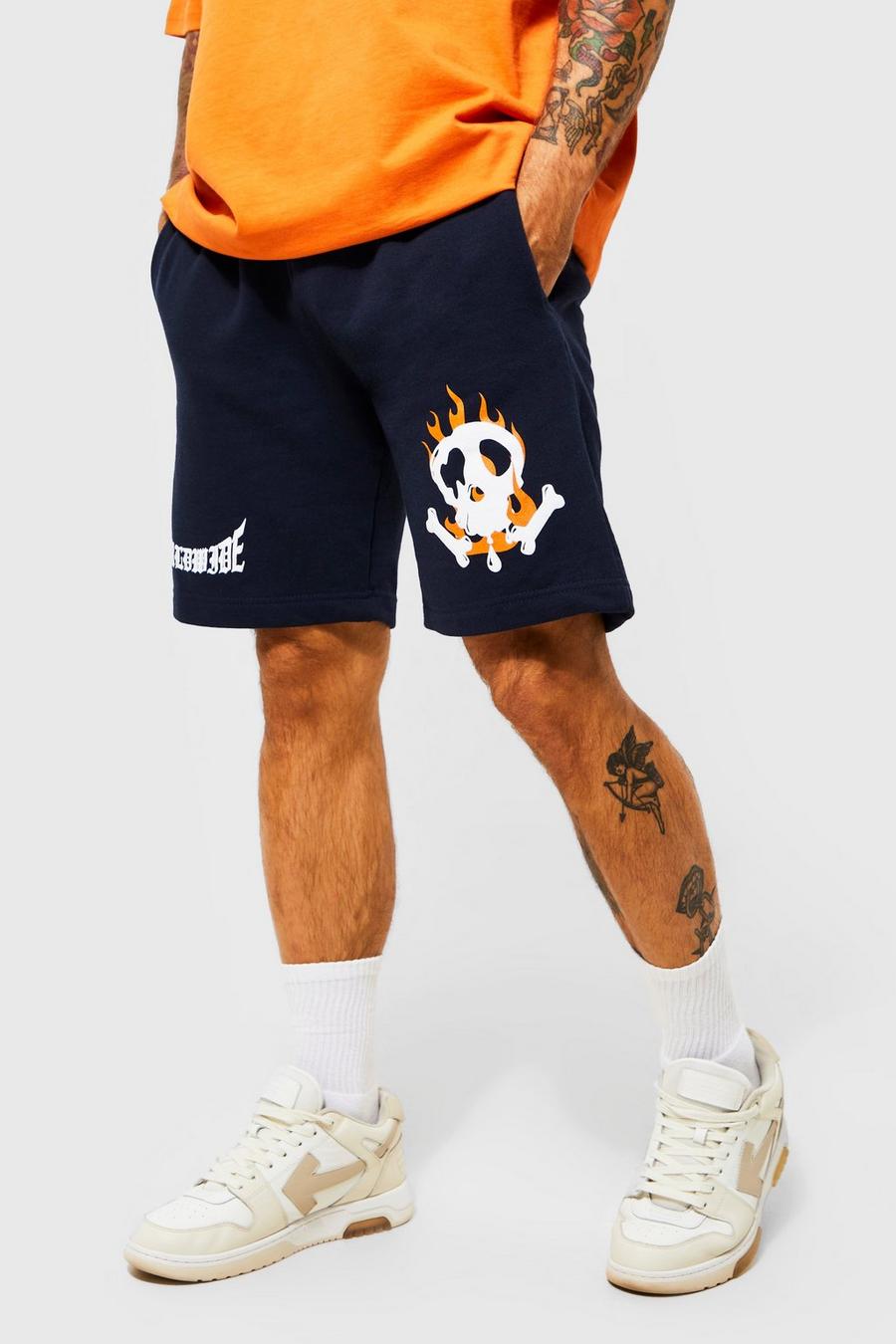 Navy Loose Fit Skull Graphic Jersey Shorts image number 1