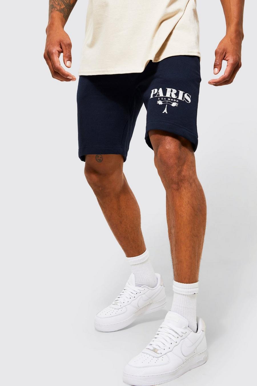 Navy Slim Fit Paris Text Jersey Shorts image number 1