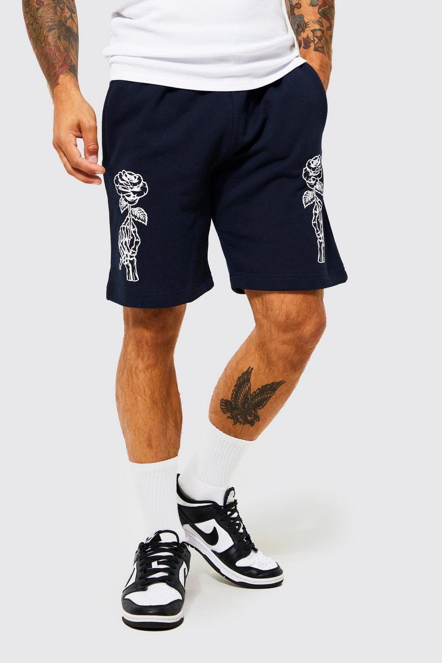 Navy Loose Fit Rose Jersey Shorts image number 1
