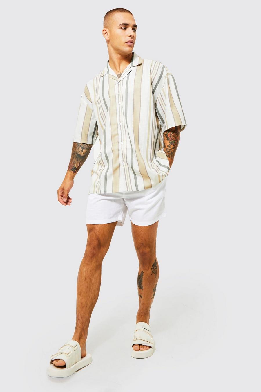 Beige beis Short Sleeve Boxy Oversized Slub Stripe Shirt