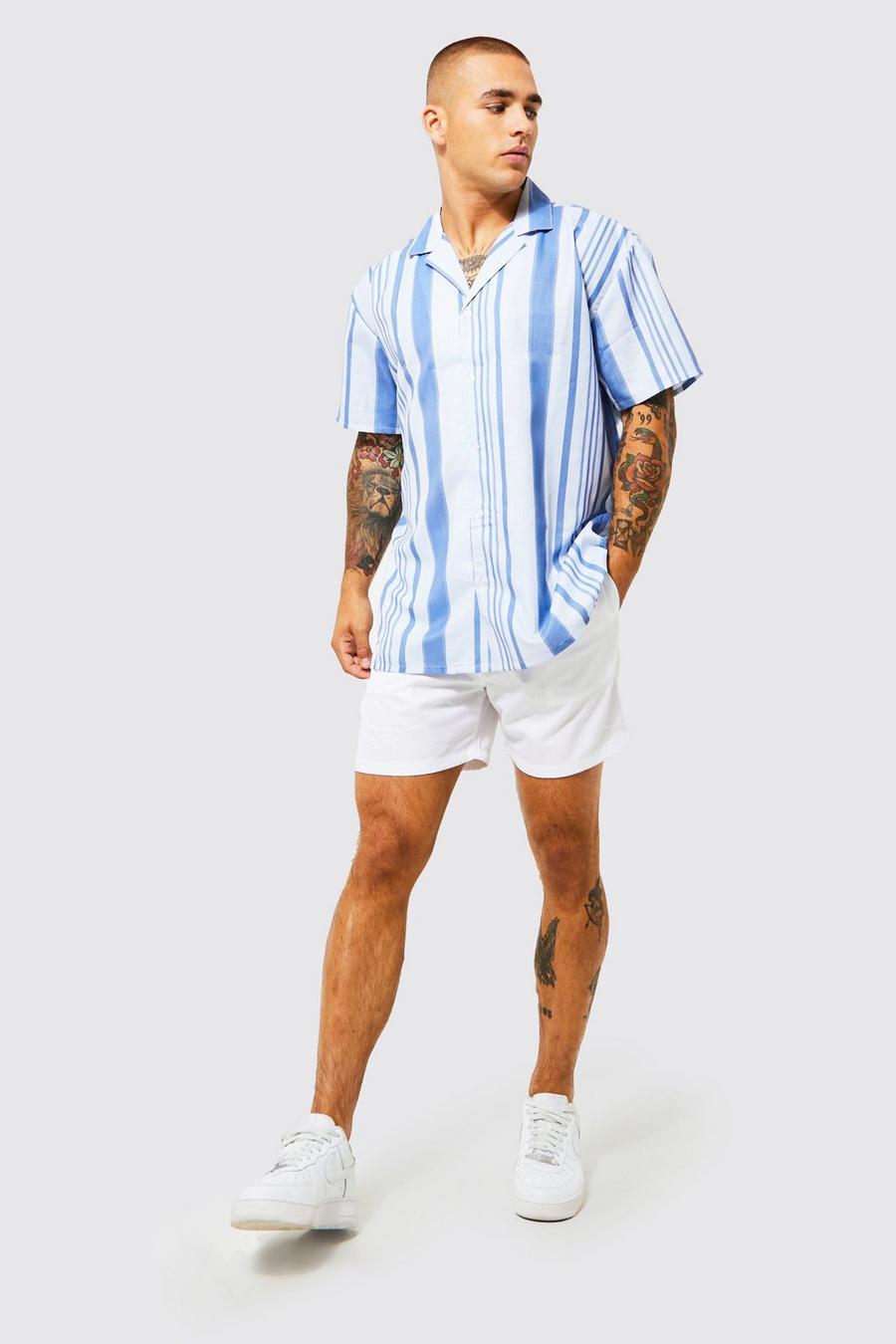 Light blue Short Sleeve Oversized Slub Stripe Shirt image number 1