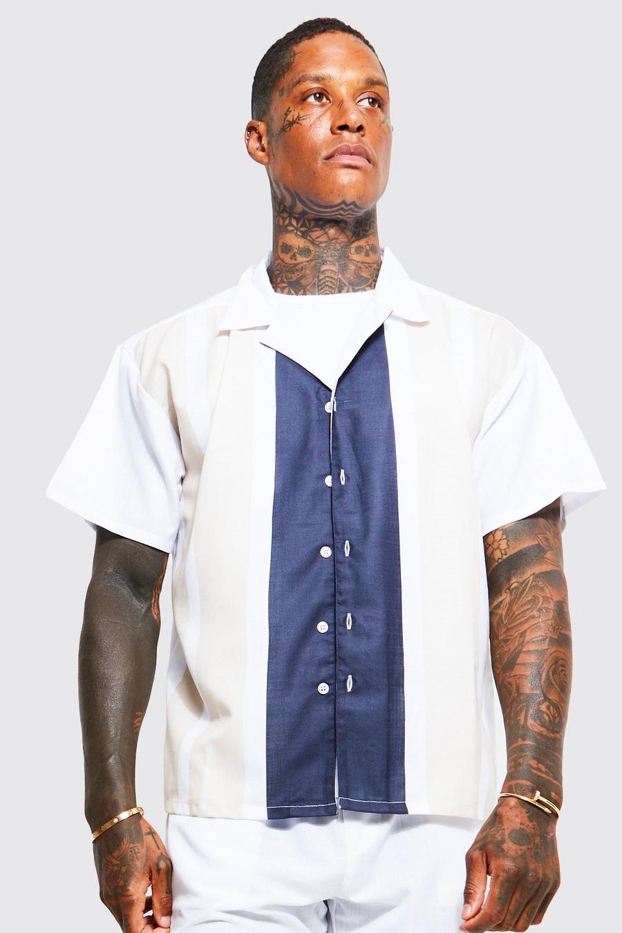 White Short Sleeve Boxy Slub Stripe Bowling Shirt image number 1