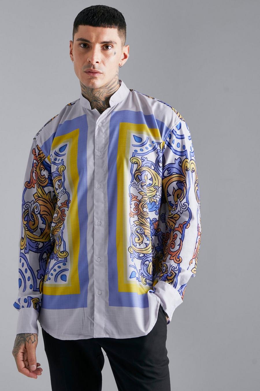 Camicia oversize a maniche lunghe con colletto serafino e bordi, Light grey image number 1