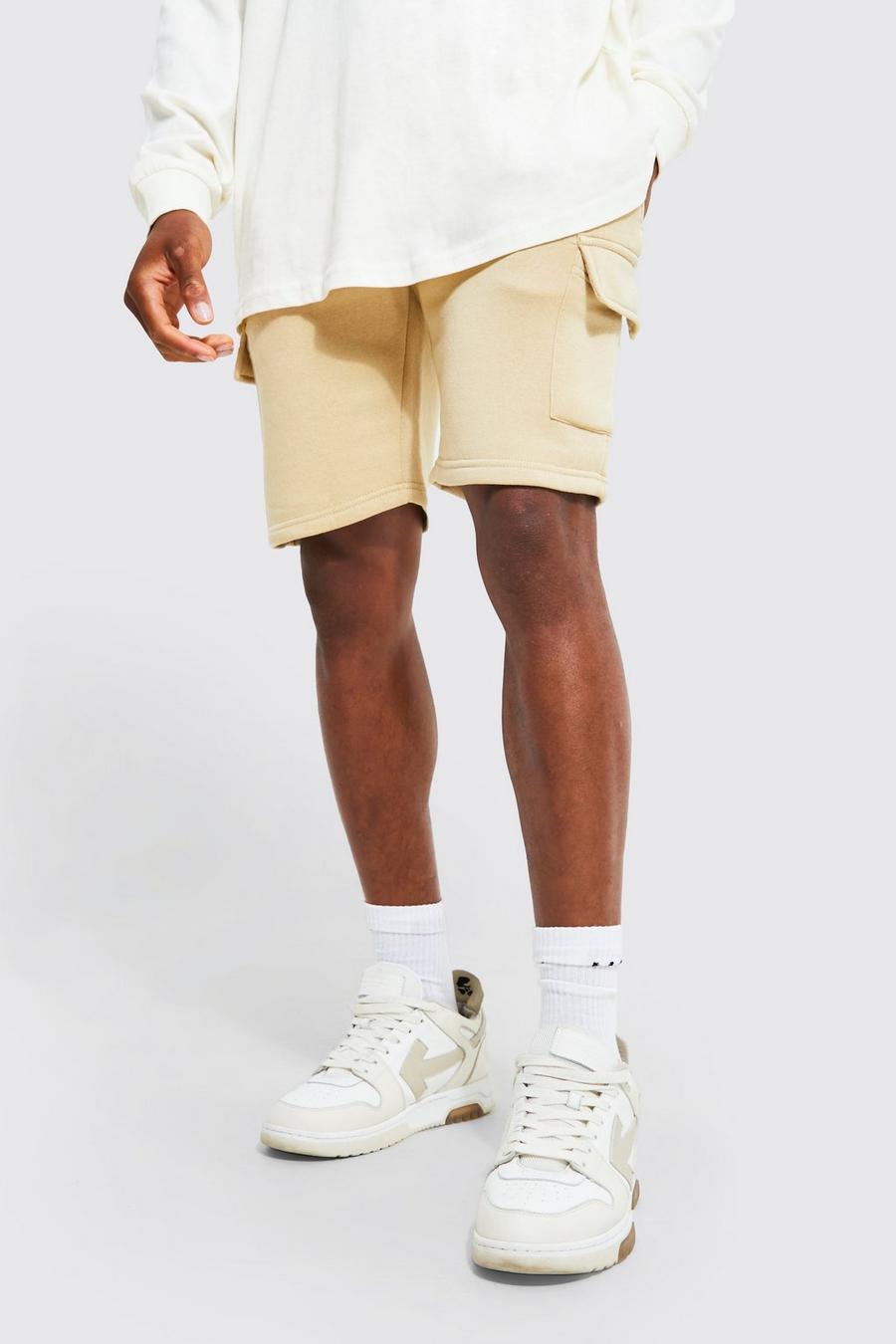 Pantaloncini Cargo medi Slim Fit in jersey, Sand beige