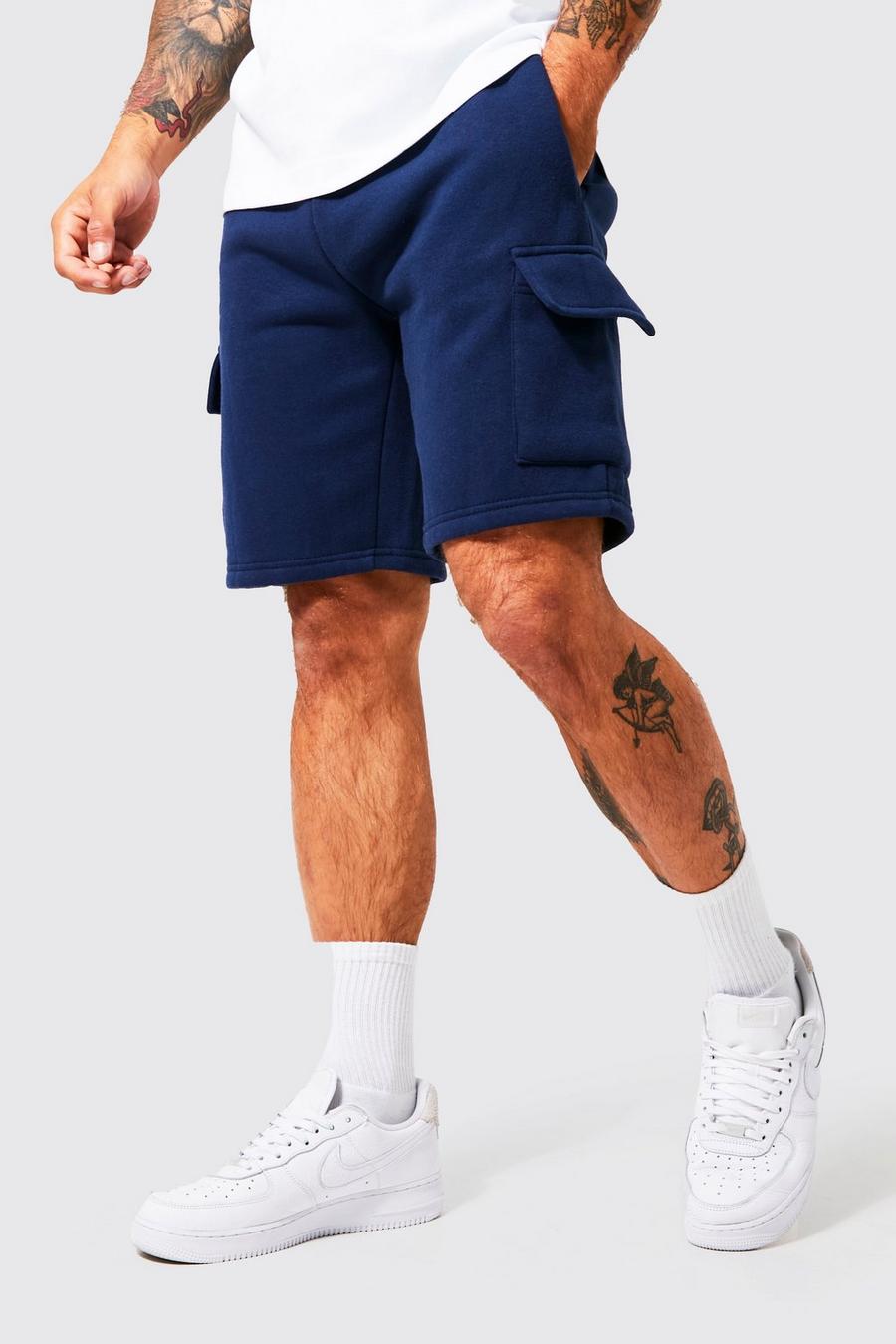 Navy Slim Mid Cargo Jersey Short