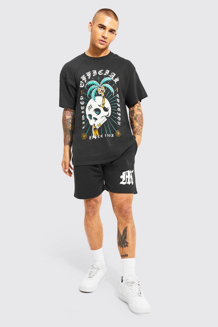 Black nero Oversized Skull Graphic T-shirt And Short Set