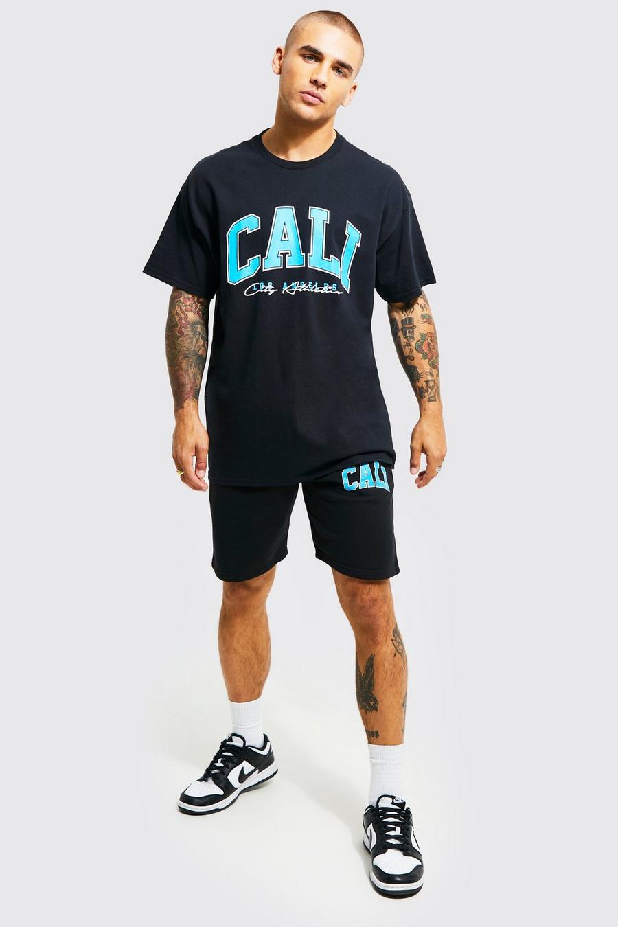 Black Oversized Cali Varsity T-shirt And Short Set image number 1