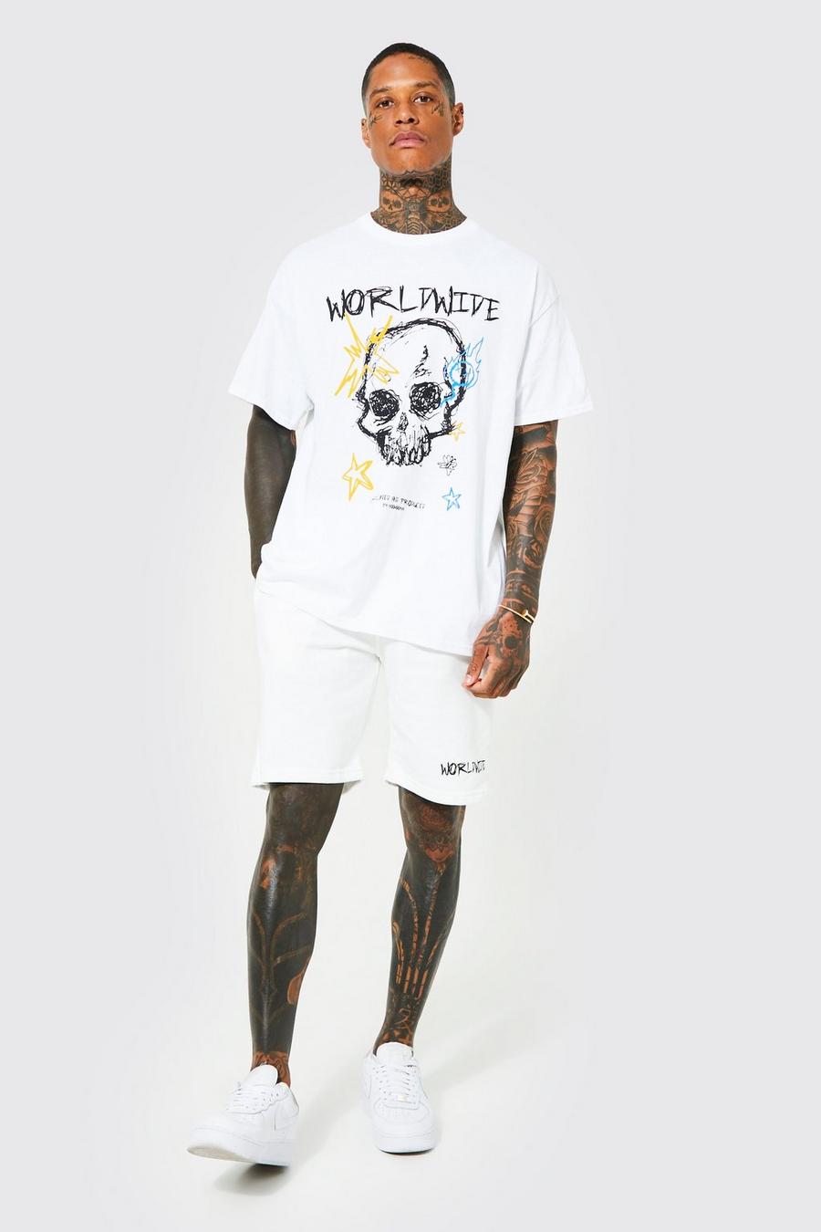 White Oversized Skull Graffiti T-shirt & Short Set image number 1