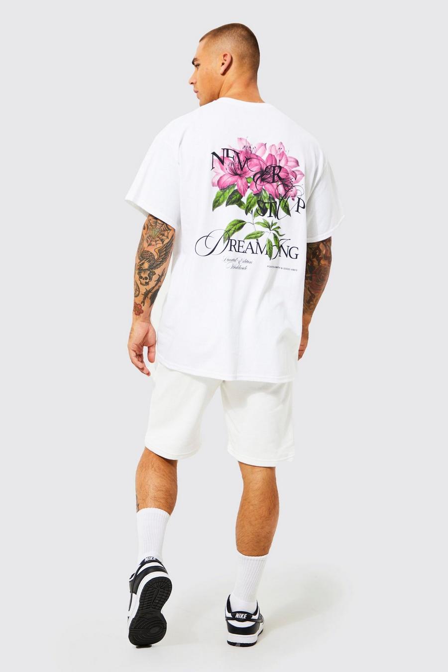 White Oversized Floral T-shirt And Short Set image number 1