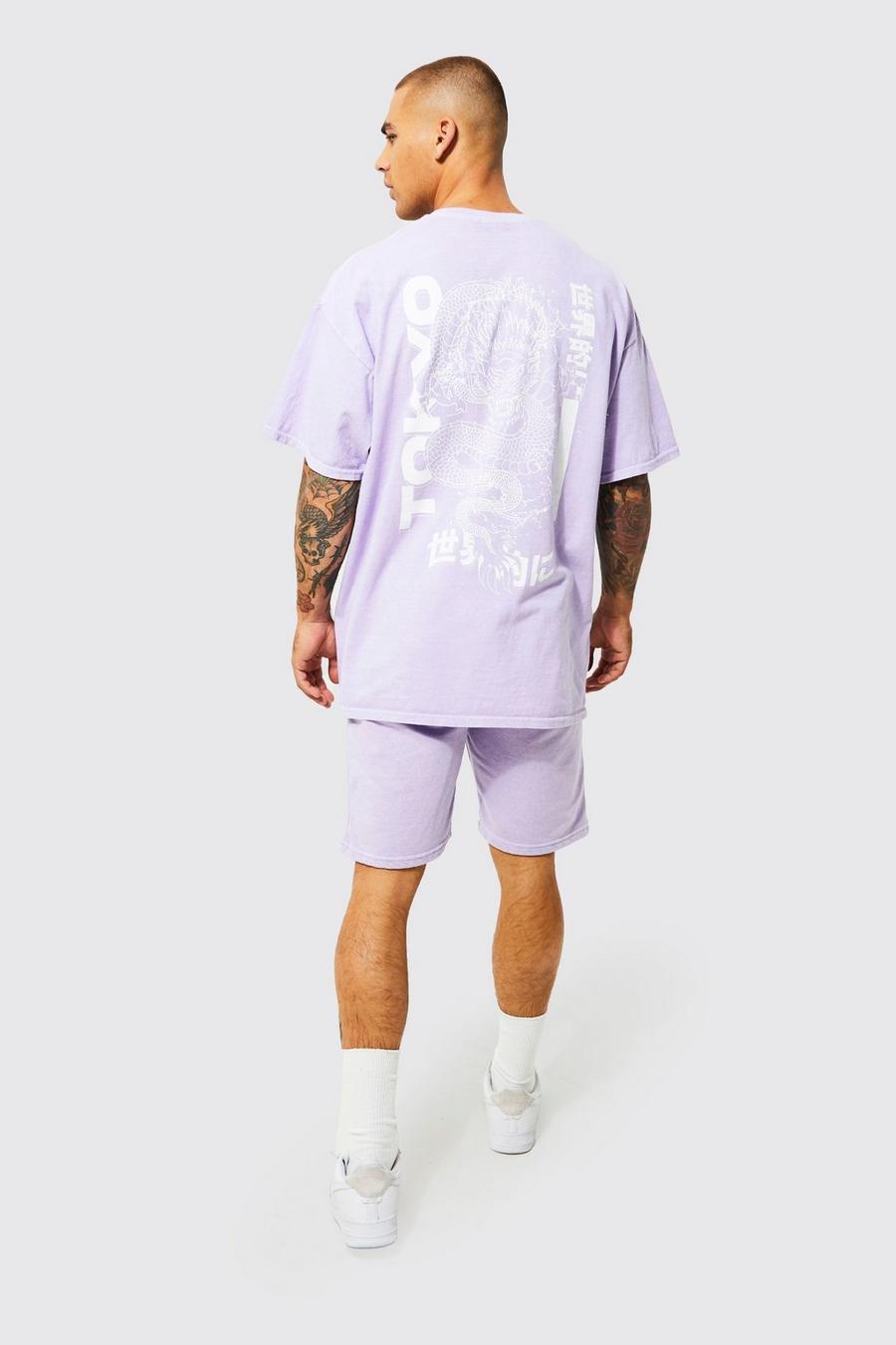 Oversize T-Shirt und Shorts mit Drachen Print, Lilac purple