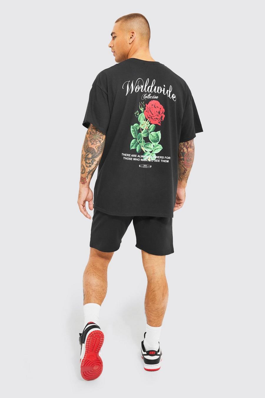 Conjunto oversize de pantalón corto y camiseta con estampado de flores, Black negro