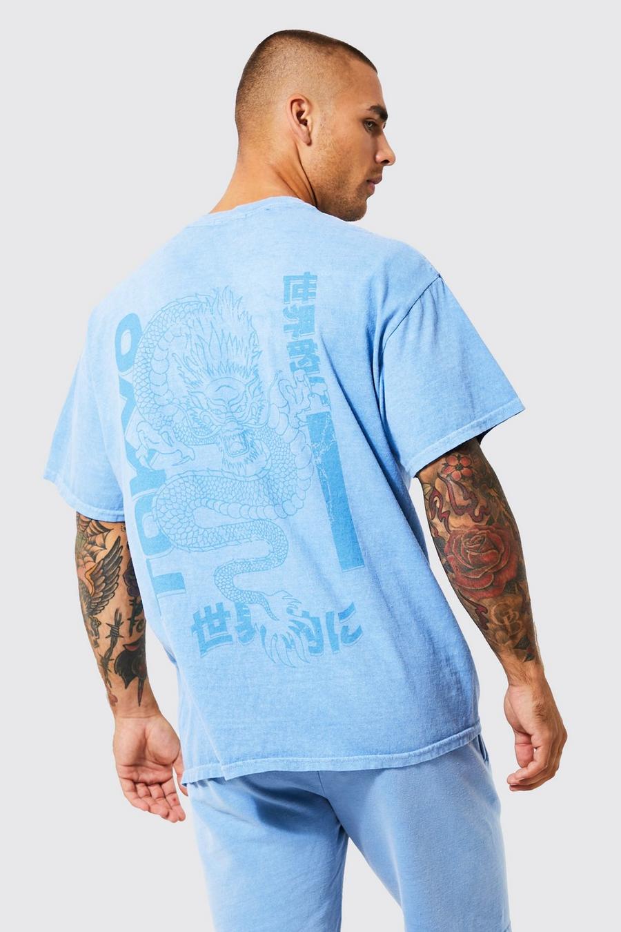 Ensemble oversize à imprimé dragon avec t-shirt et short, Light blue image number 1